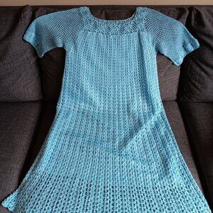Rare Vintage Blue Crochet Mini Dress: Boho Floral Fishnet Sleeves (XS/S)
